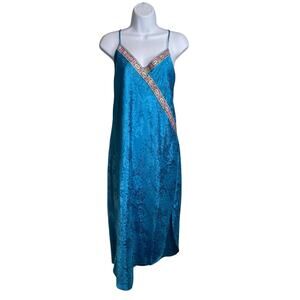 Vintage Dentelle Turquoise Brocade Slip‎ Dress Size M Nightgown Loungewear Chic